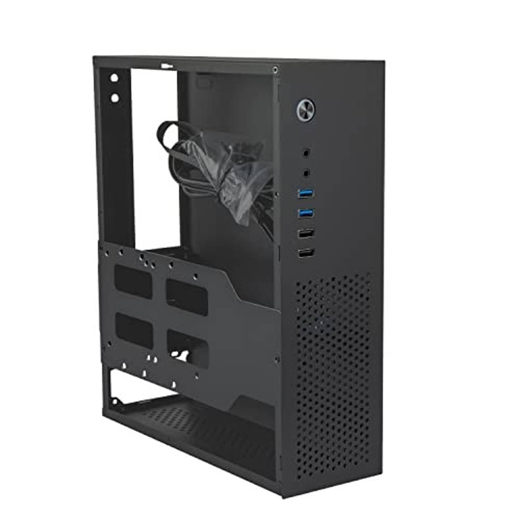 Black open mini PC case frame with front I/O panel and ventilation openings