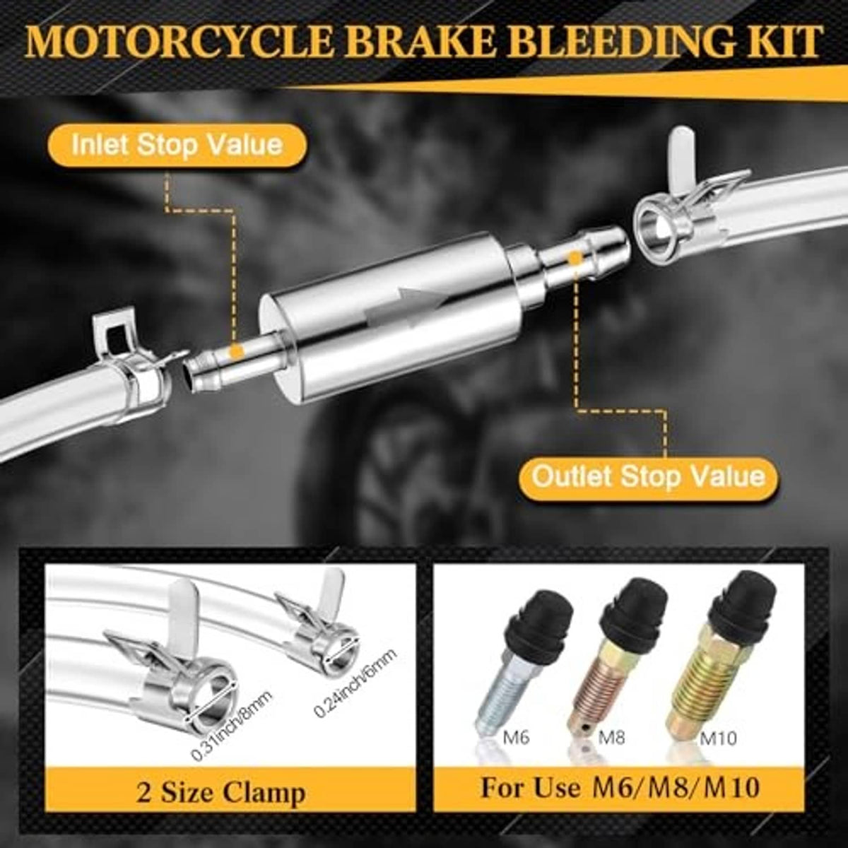 Motorcycle brake bleeding valve tool with inlet and outlet stop sections and hose connector