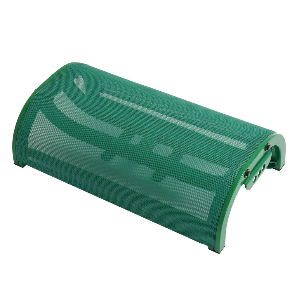 Green mesh boat seat with curved end caps and mounted metal frame