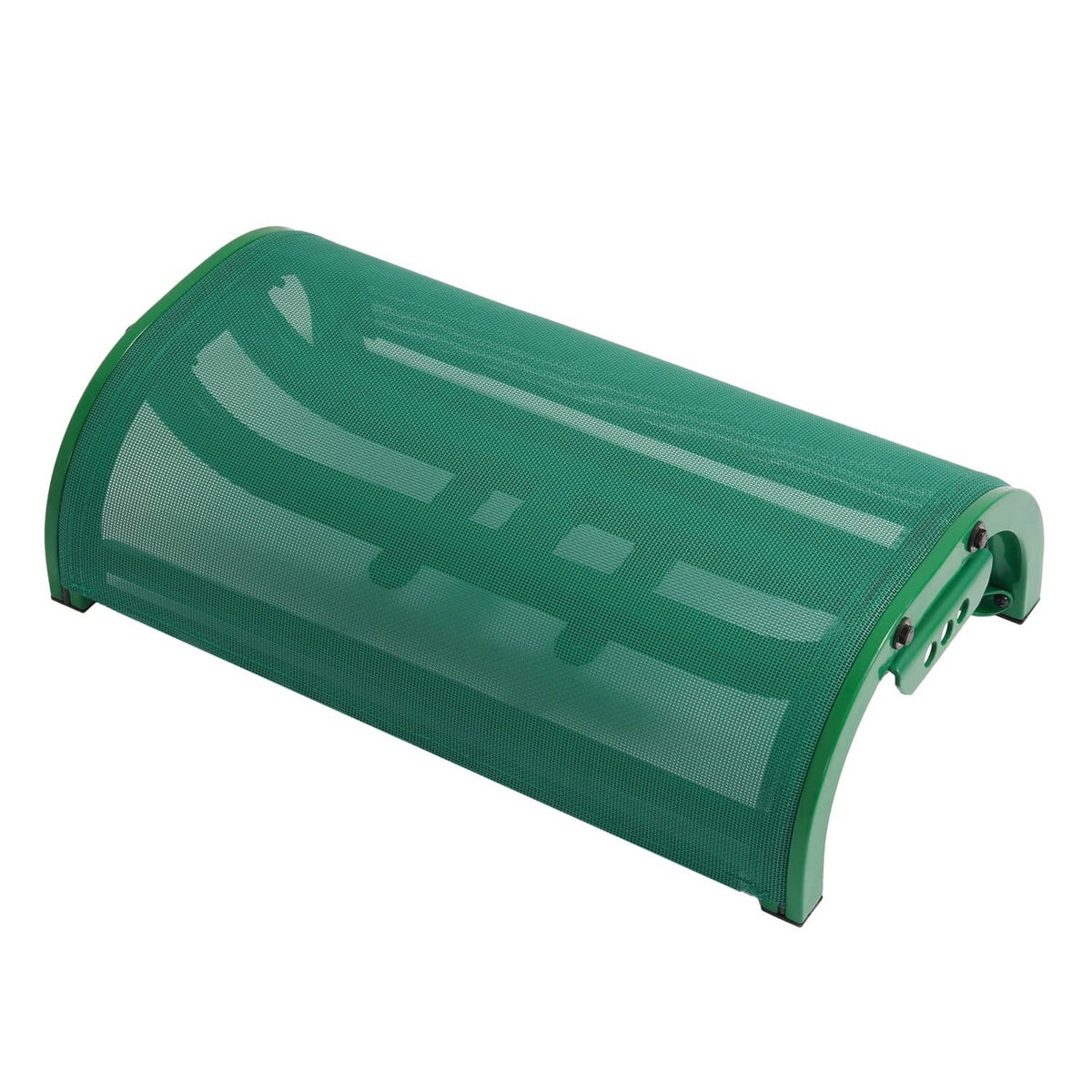 Green mesh boat seat with curved end caps and mounted metal frame