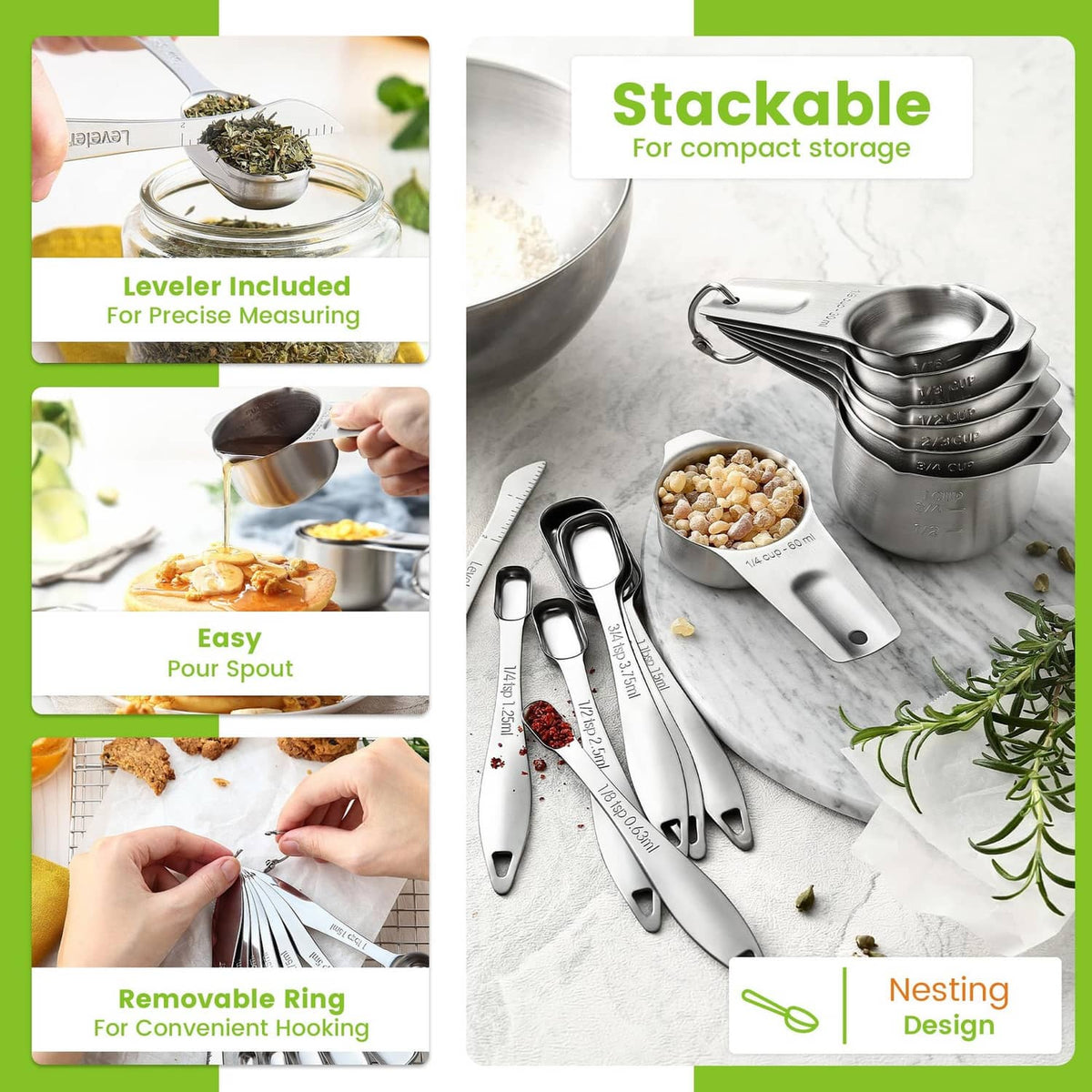 Nested stainless steel measuring cups and spoons with removable ring for compact storage