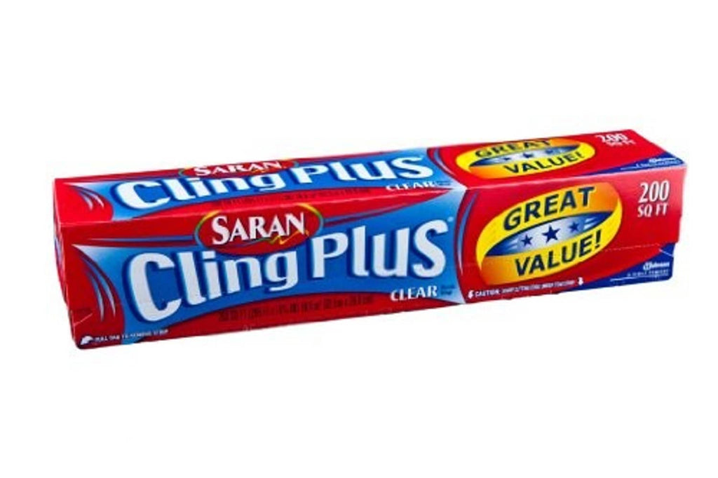 Saran Cling Plus clear plastic wrap roll pack, 200 sq ft, red/blue box