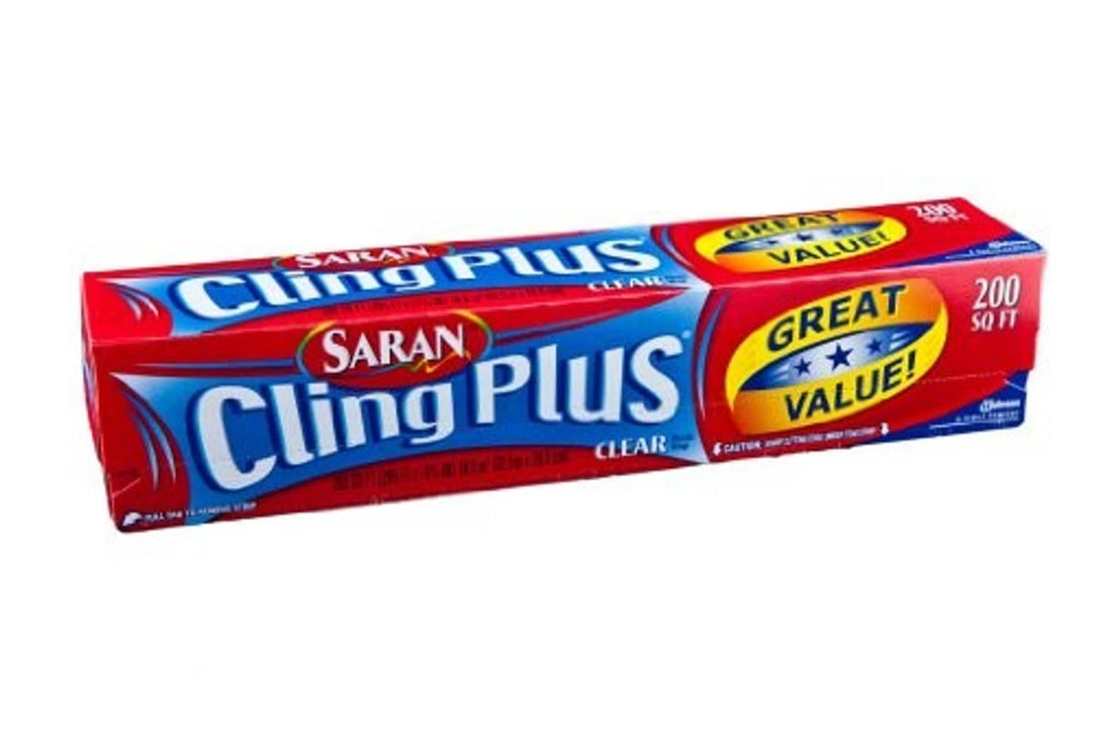 Saran Cling Plus clear plastic wrap roll pack, 200 sq ft, red/blue box