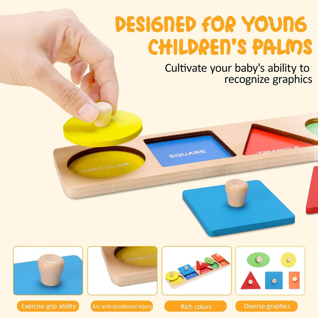 Wooden shape puzzle board with large colored shapes and wooden knobs for little hands
