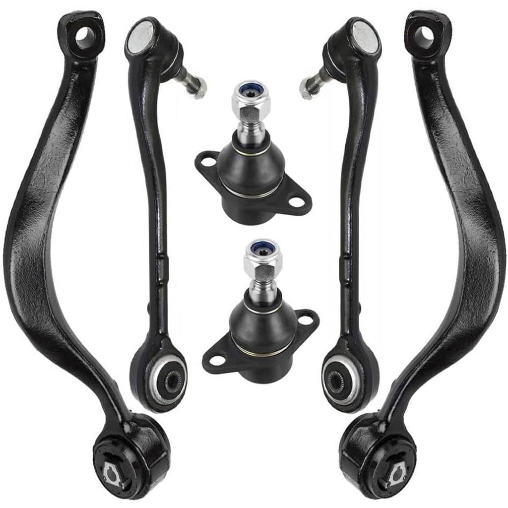 Complete front control arm and ball joint set with black arms and mounting plates