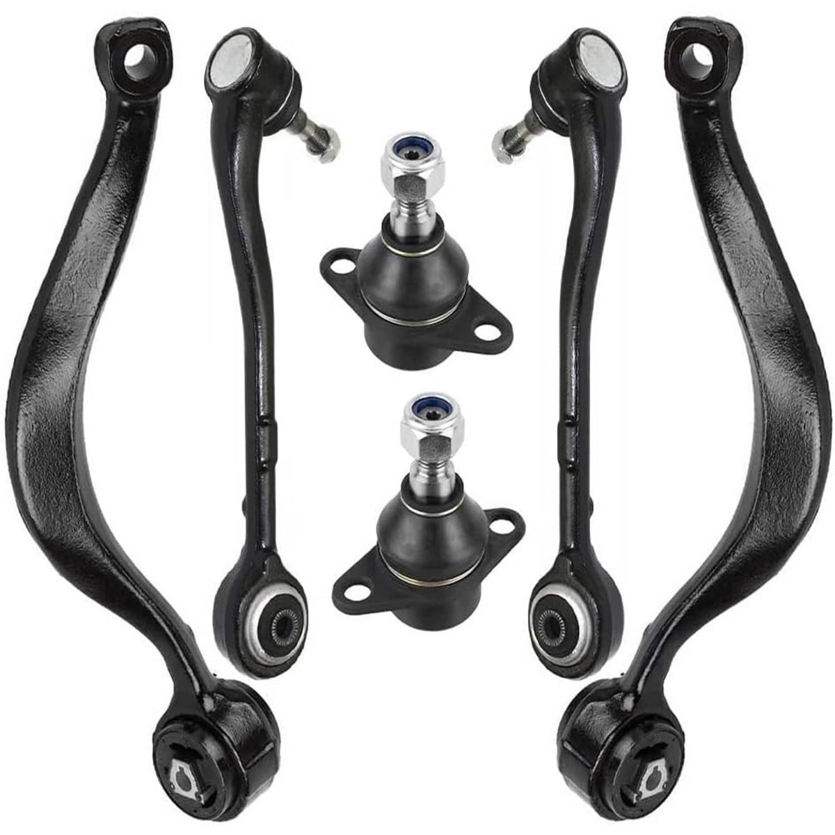 Complete front control arm and ball joint set with black arms and mounting plates