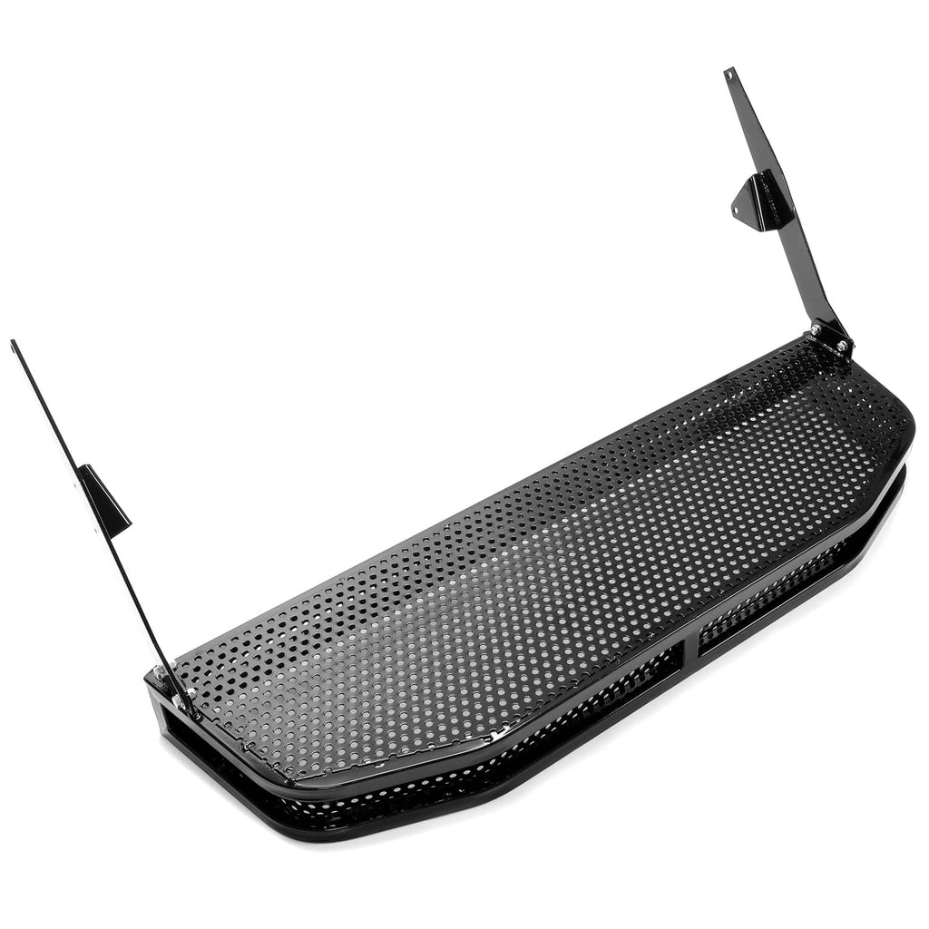 Long black perforated basket tray with curved front edge and mounting brackets