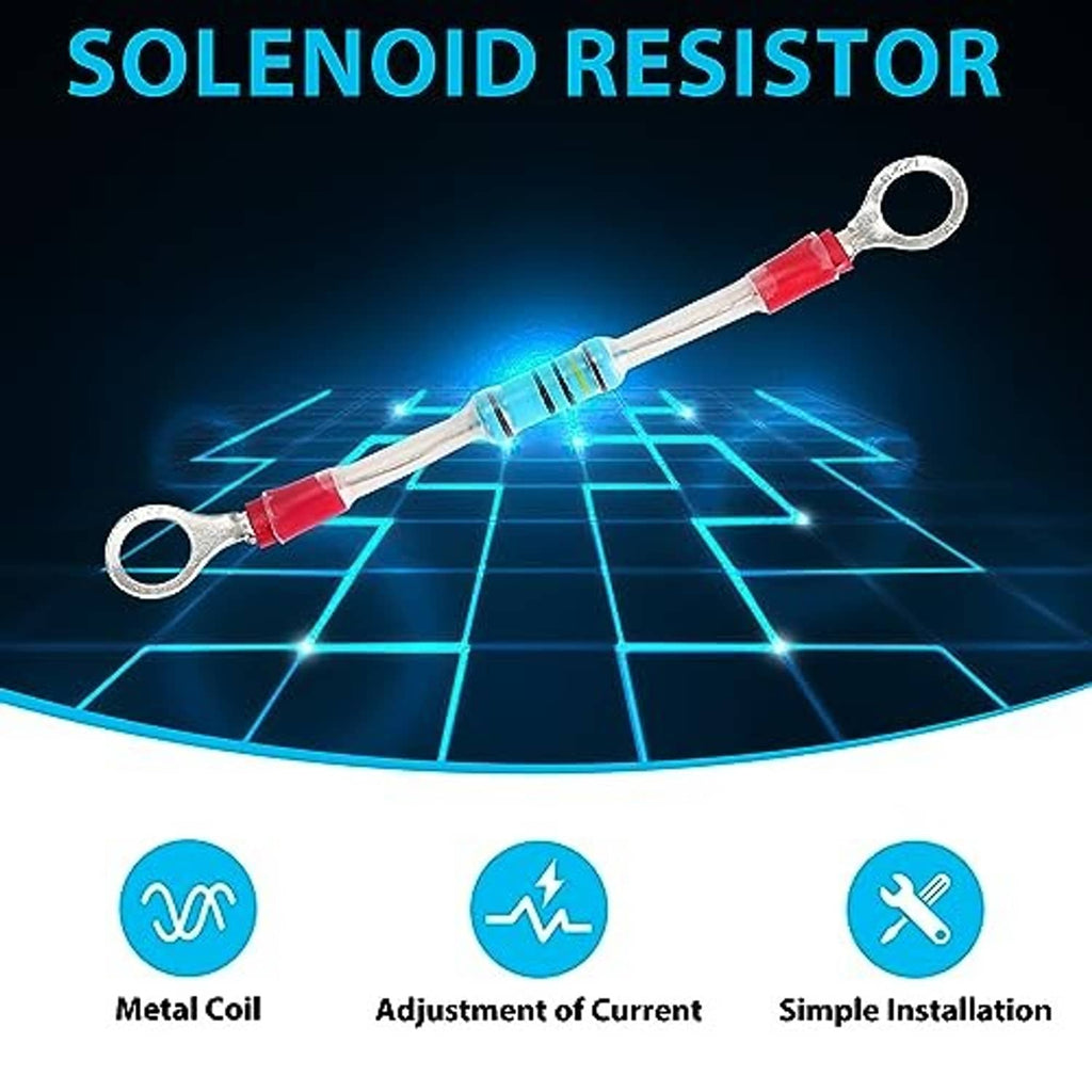 Solenoid resistor with crimped ring terminals and two-colored resistor leads.