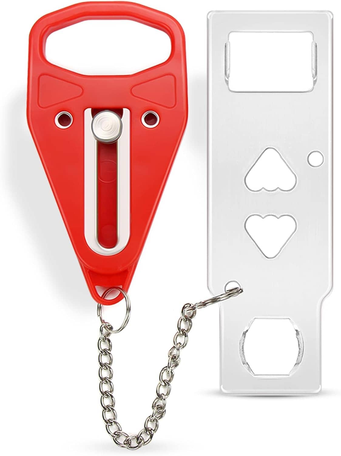 Portable door safety lock kit with red locking tool, white plate, and metal chain