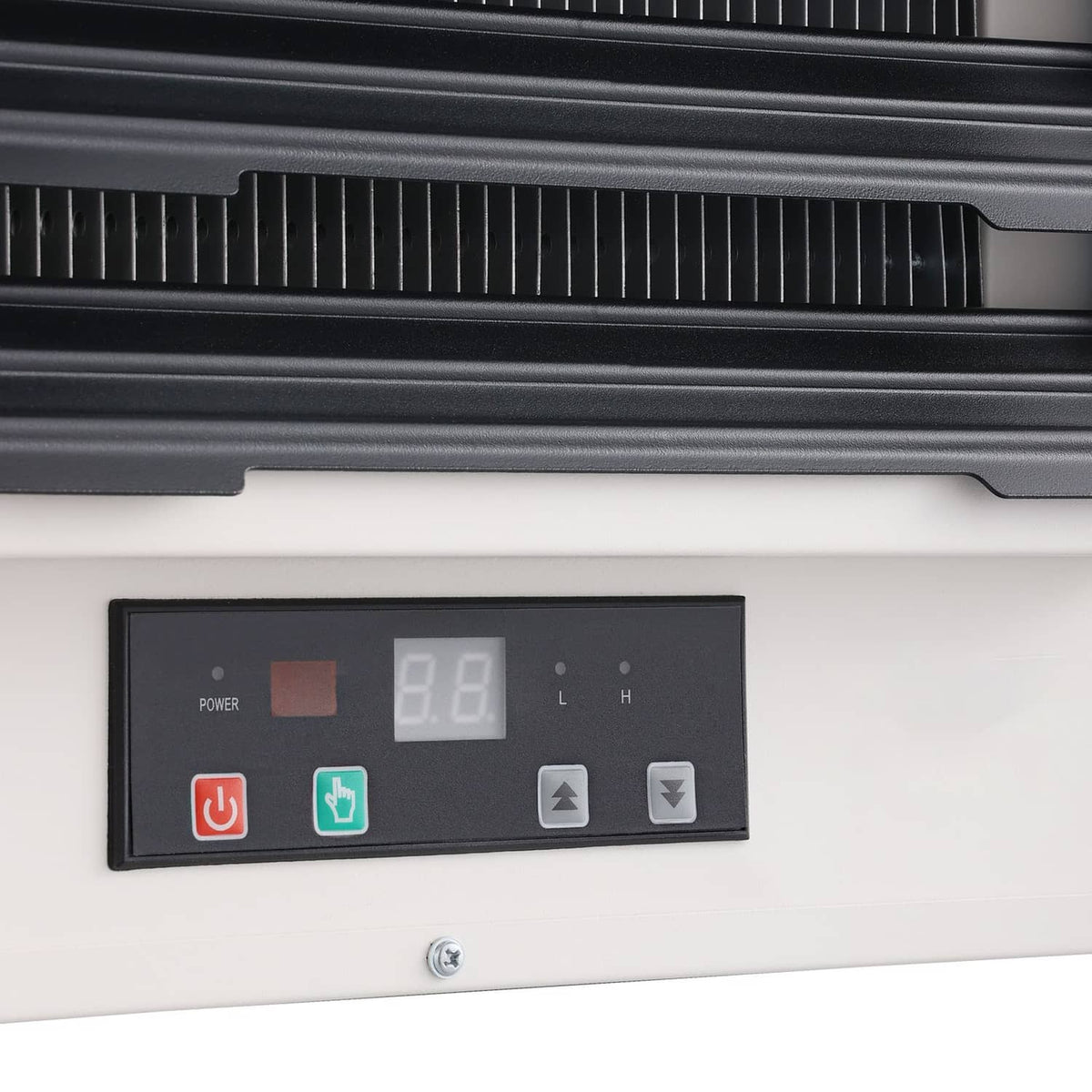 Electric garage heater control panel with power button and heat level indicators