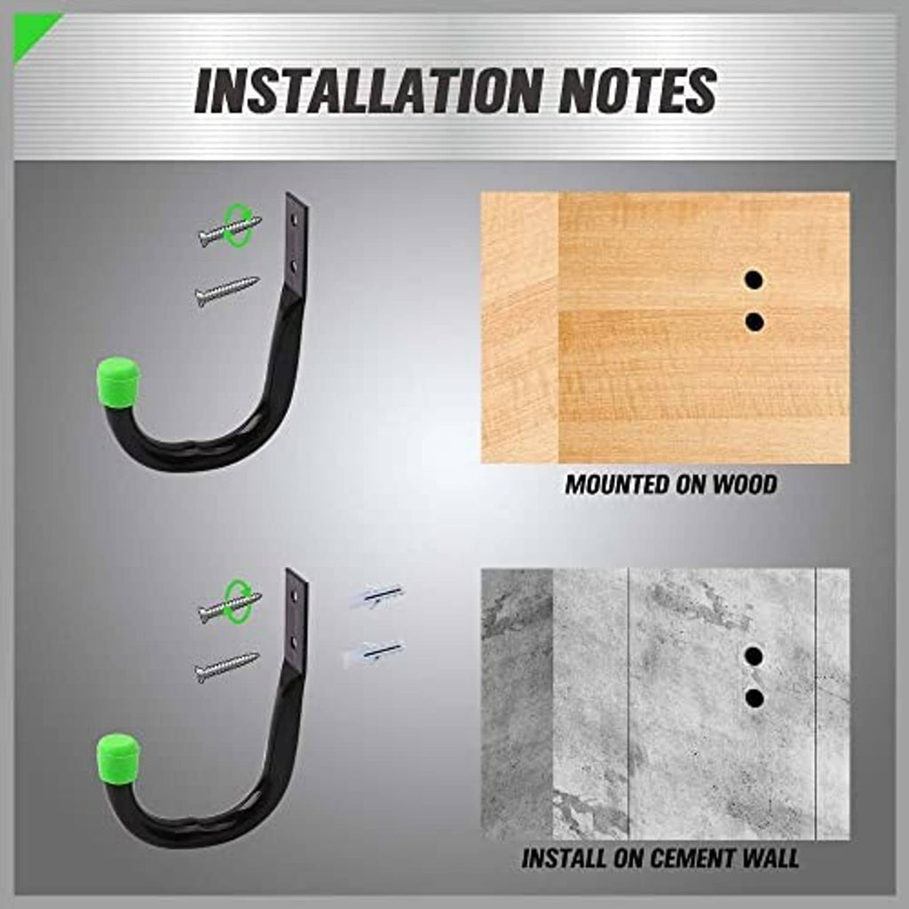 Black mounting hook with green rubber tip, shown for installation on wood and cement wall