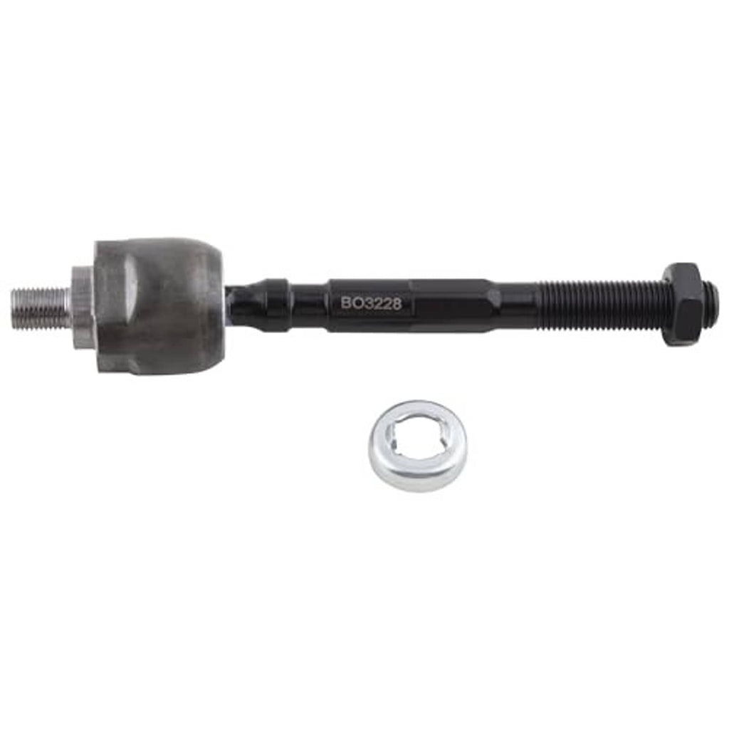 One tie rod end with black threaded rod, silver housing, hex nut, and washer
