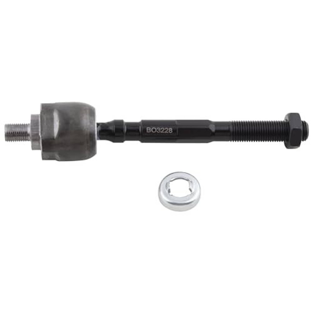 One tie rod end with black threaded rod, silver housing, hex nut, and washer