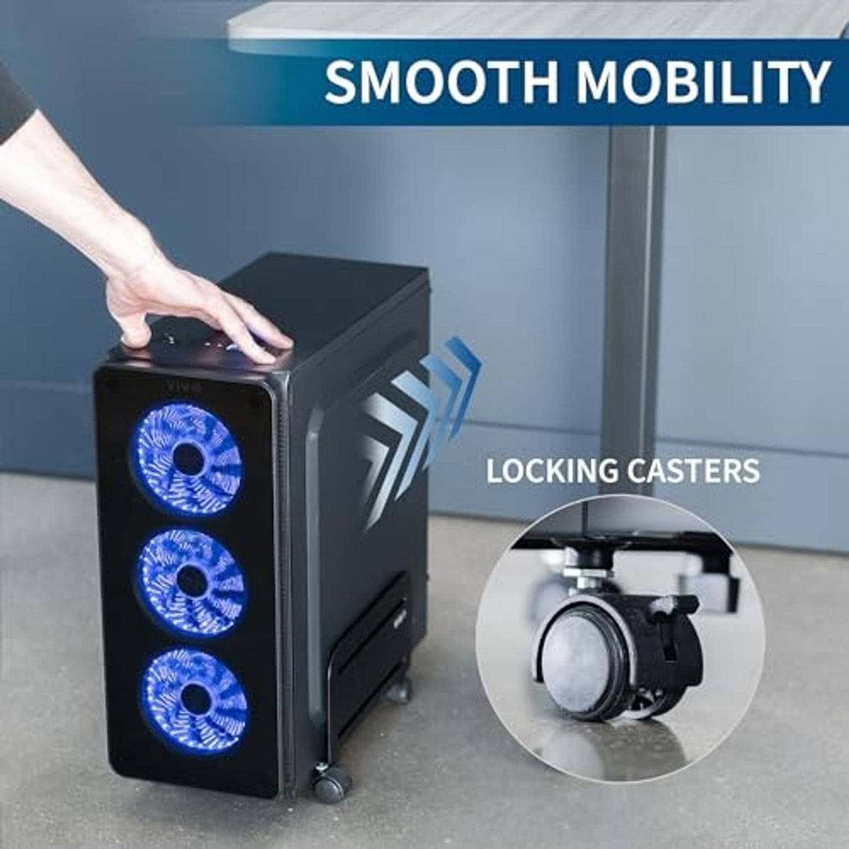 Black PC mid-tower case on rolling stand with blue-lit fans and locking casters