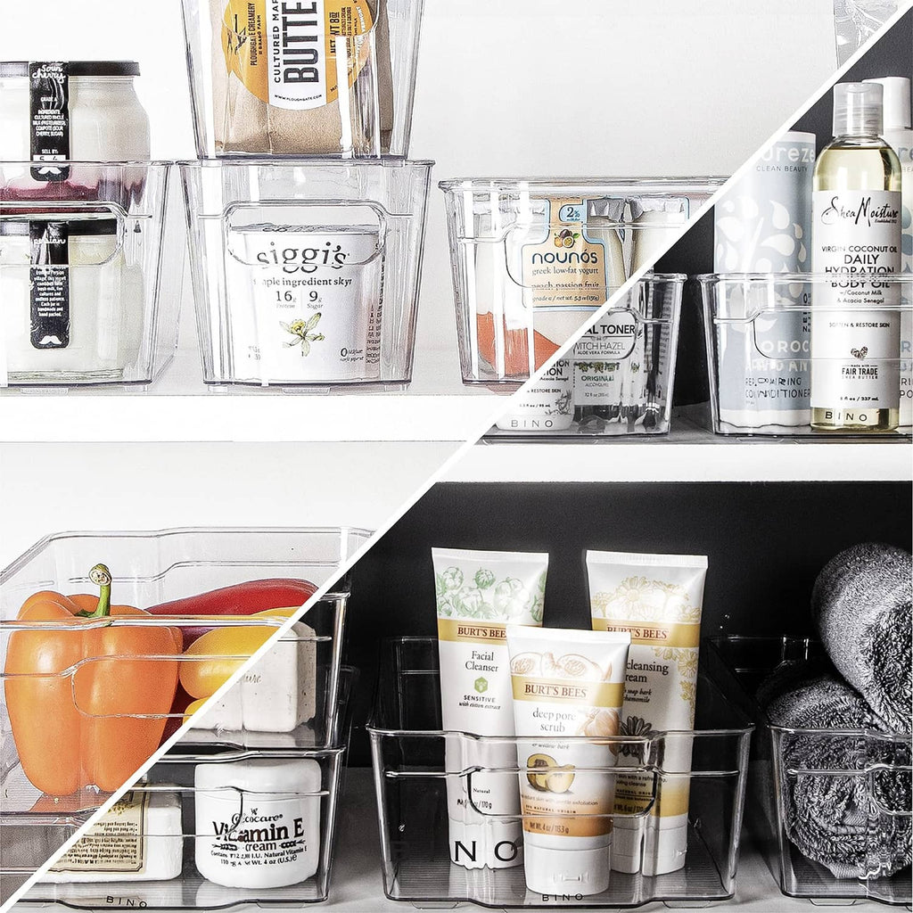 Clear storage bins with built-in handles holding pantry items on a shelf