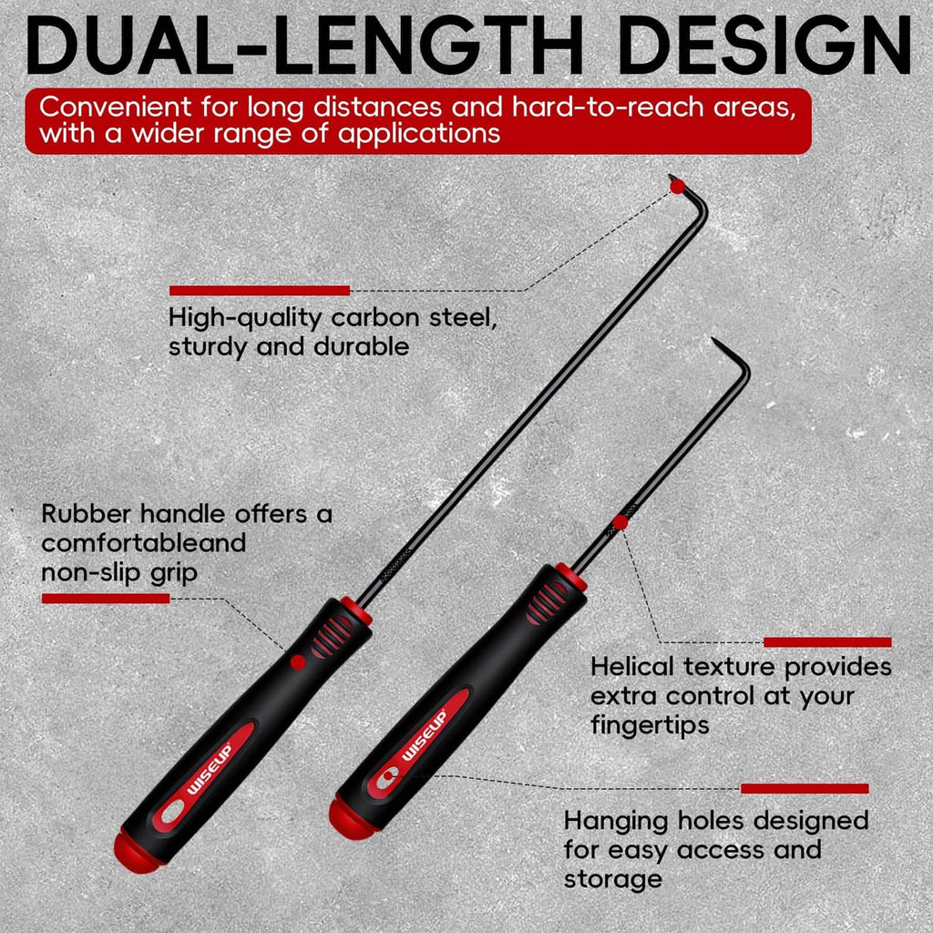 Dual-length hook and pick tools with black-red handles and helical grip texture.