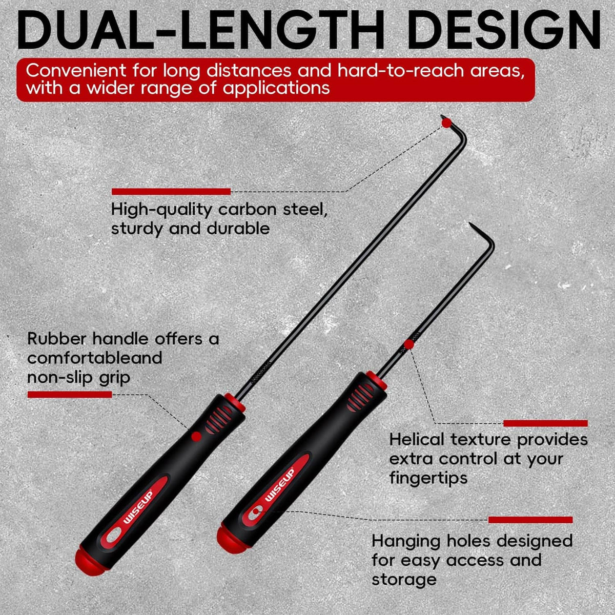 Dual-length hook and pick tools with black-red handles and helical grip texture.