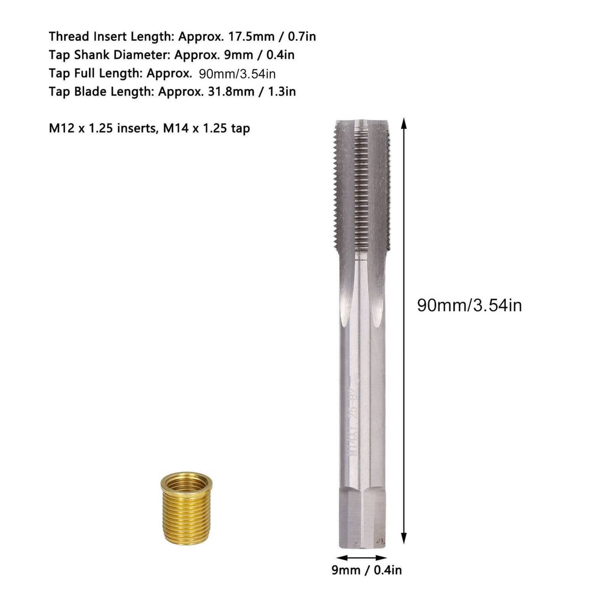 Measuring diagram for thread insert kit showing tap and M12x1.25 insert dimensions