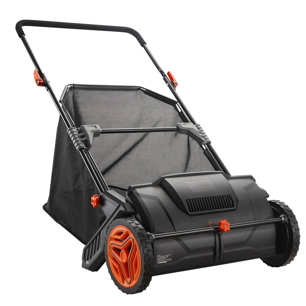Lawn leaf sweeper with black hopper bag and orange wheel brush roller