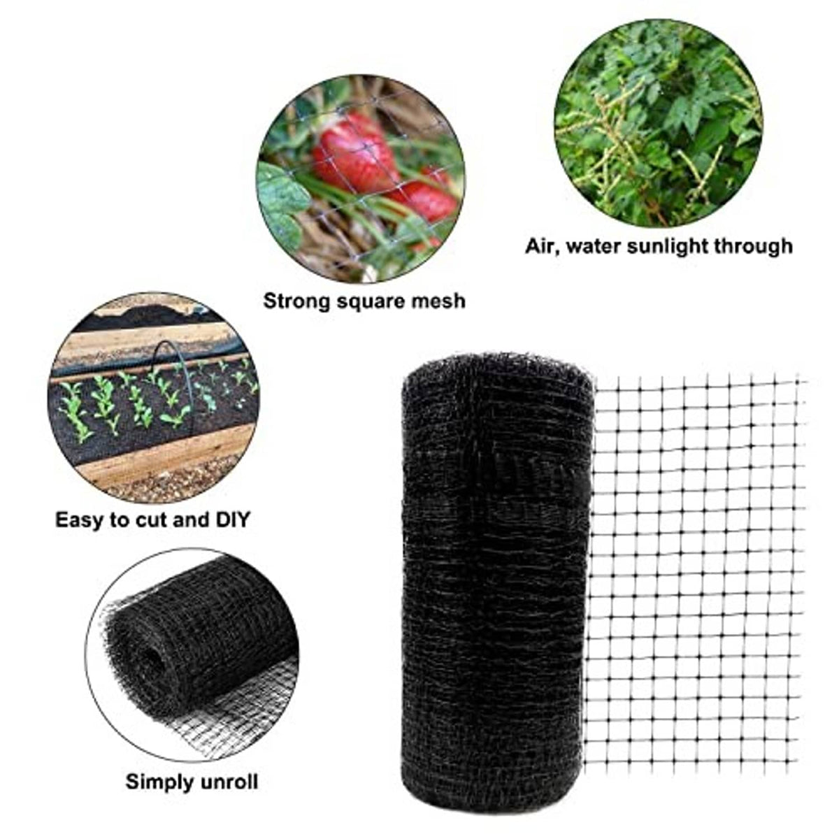 Black square-mesh bird netting roll with strong grid, easy to cut and unroll