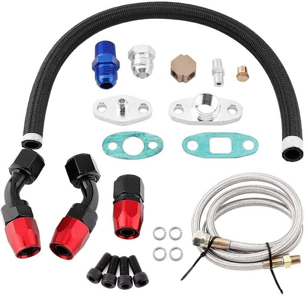 Turbo oil drain/feed line kit set with braided hoses, brackets, gaskets, and fittings