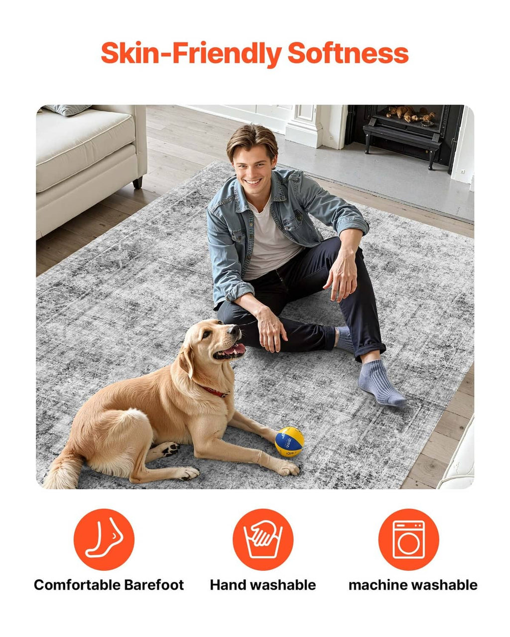 Gray washable area rug with soft surface, shown with a person and dog