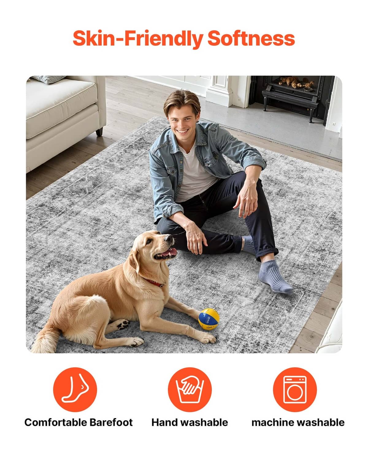 Gray washable area rug with soft surface, shown with a person and dog