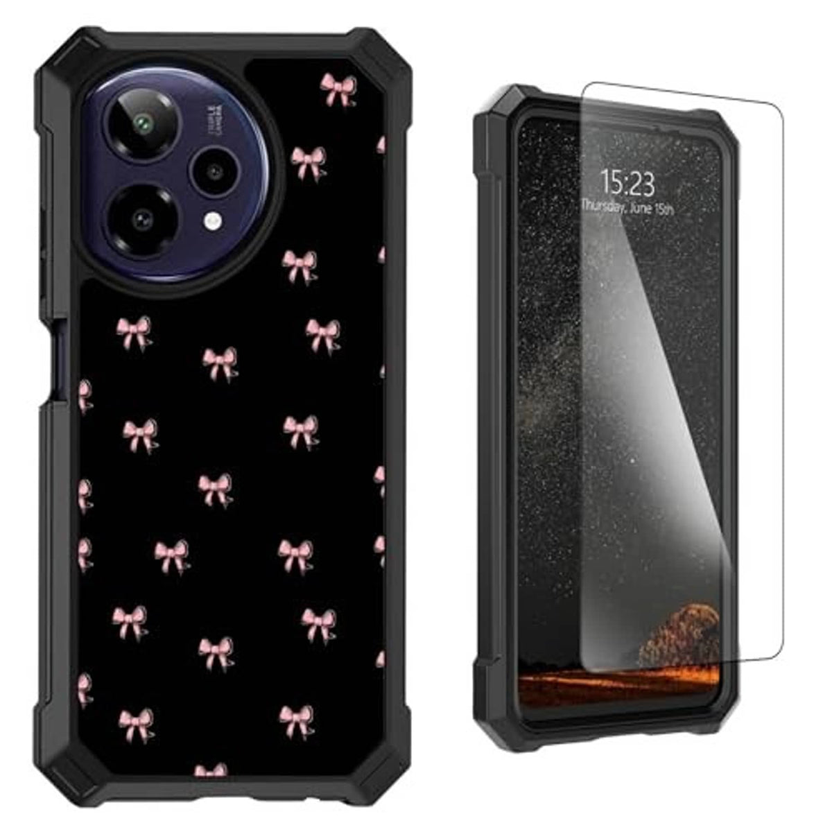 Dual-layer phone case with pink bow pattern and clear screen protector, raised corners