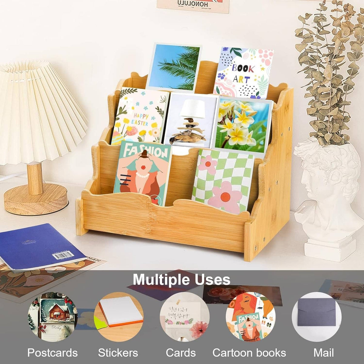 Bamboo 3-tier card display stand with assorted greeting cards