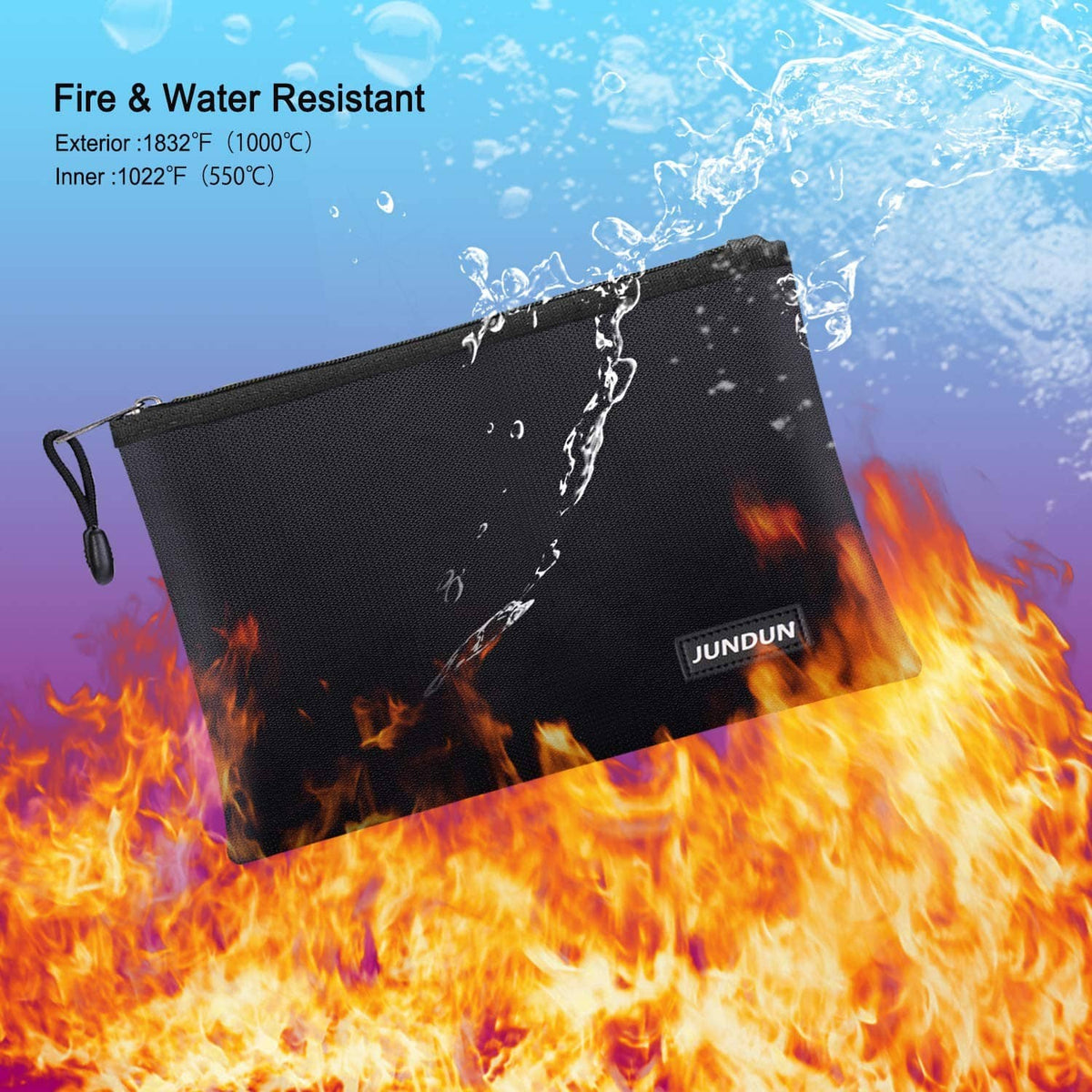 Black fireproof document bag with zip closure and JUNDUN logo, fireproof and water-resistant.