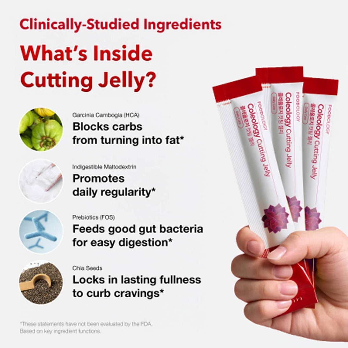 Cutting jelly stick sachets with ingredient callouts and hand holding pack