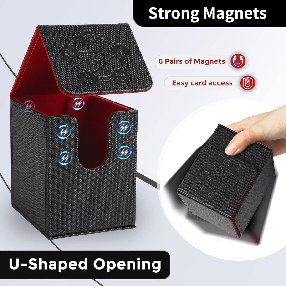 Black magnetic card holder with U-shaped opening, embossed emblem on flap