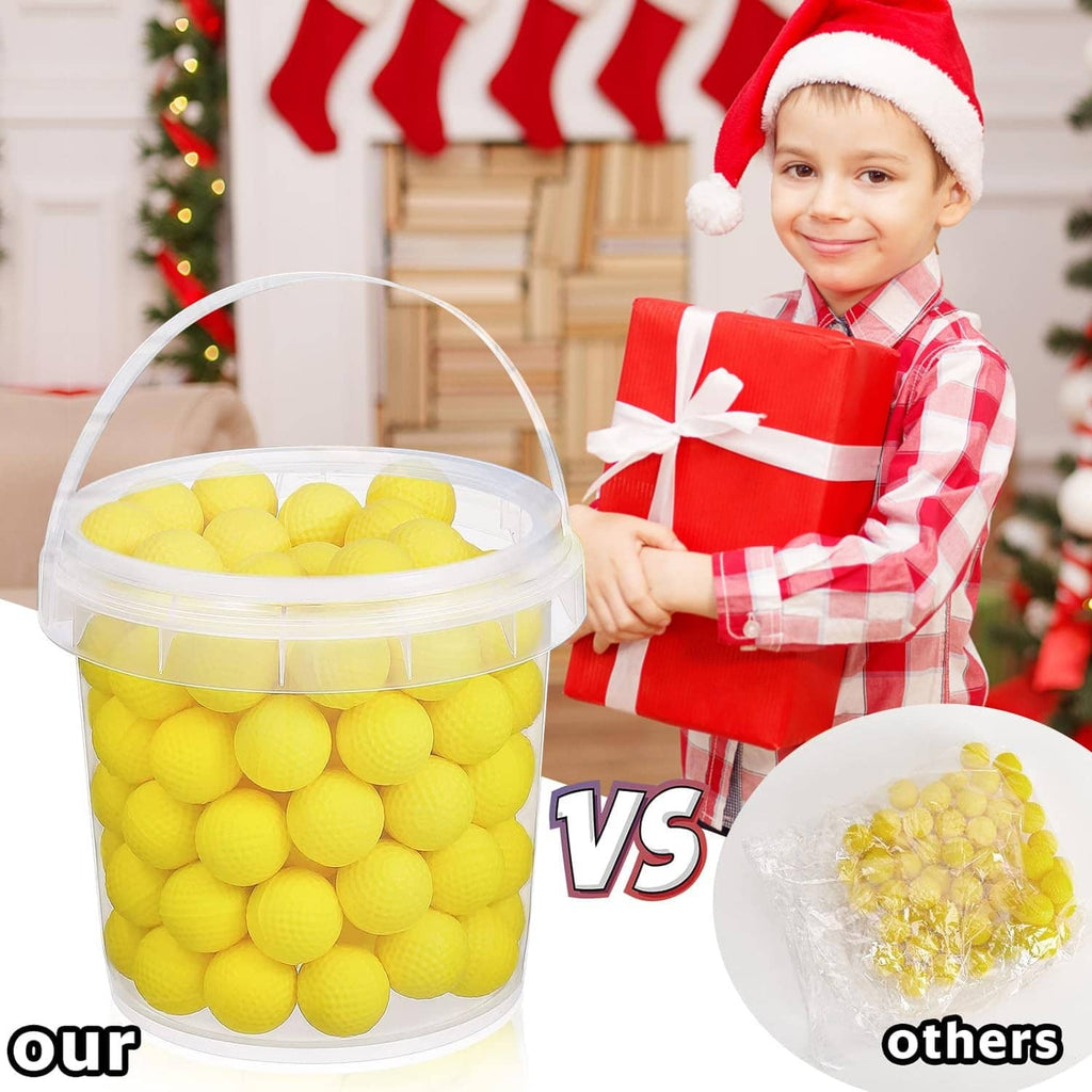 Bucket of yellow foam ammo balls with loose yellow balls