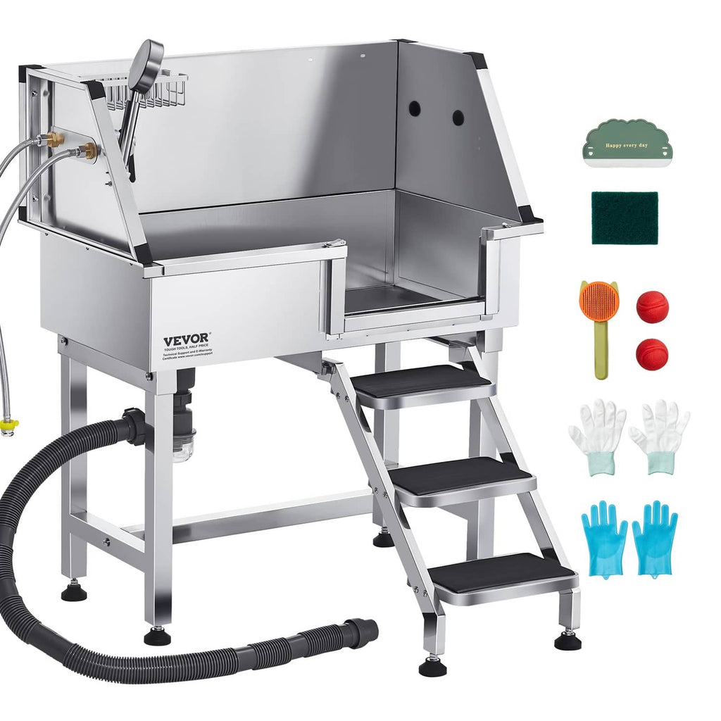 Stainless steel dog bath tub with side faucet and three-step stairs with splash guard