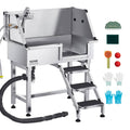 Stainless steel dog bath tub with side faucet and three-step stairs with splash guard