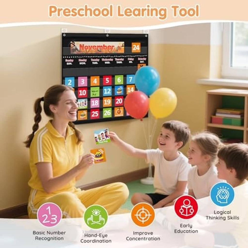 Mounted black classroom calendar pocket chart with colorful month labels and date tiles