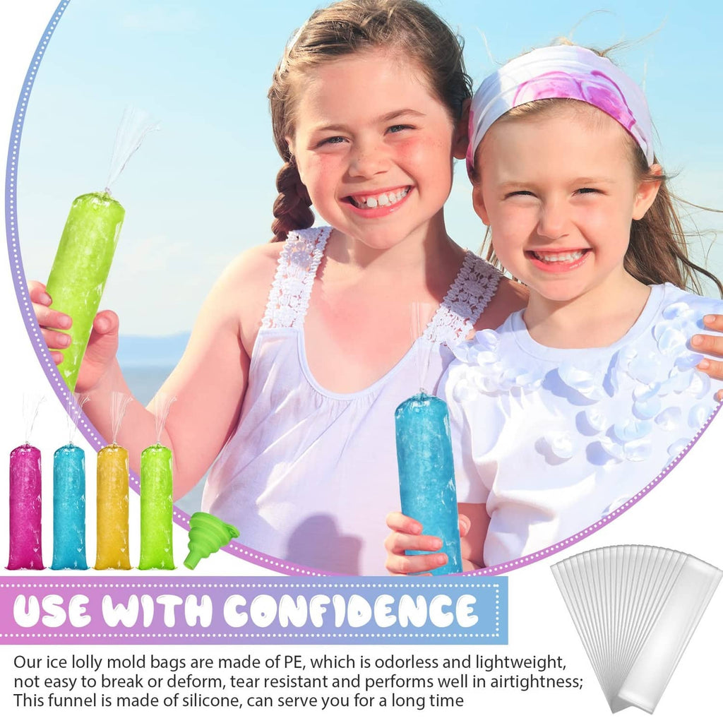 Kids holding colorful frozen ice pops from disposable ice lolly mold bags