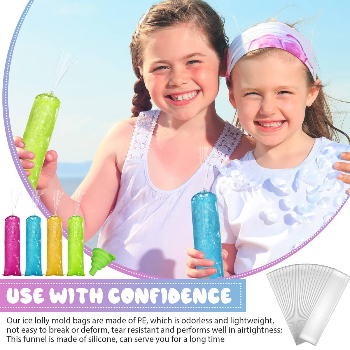 Kids holding colorful frozen ice pops from disposable ice lolly mold bags