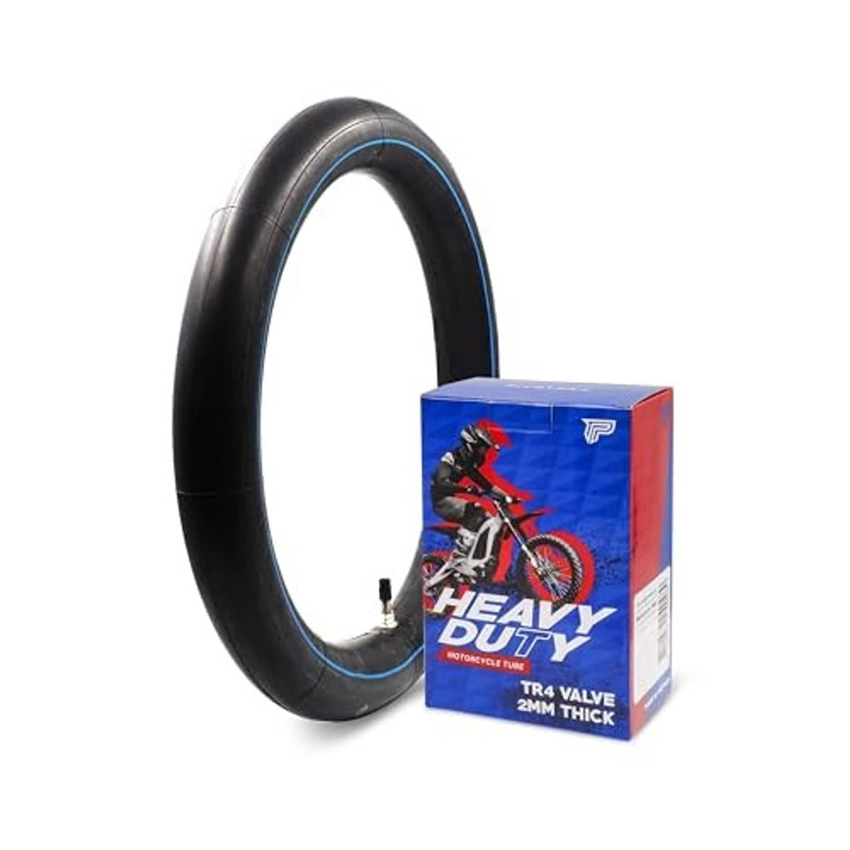 Heavy-duty motorcycle inner tube with TR4 straight valve, shown beside box packaging.