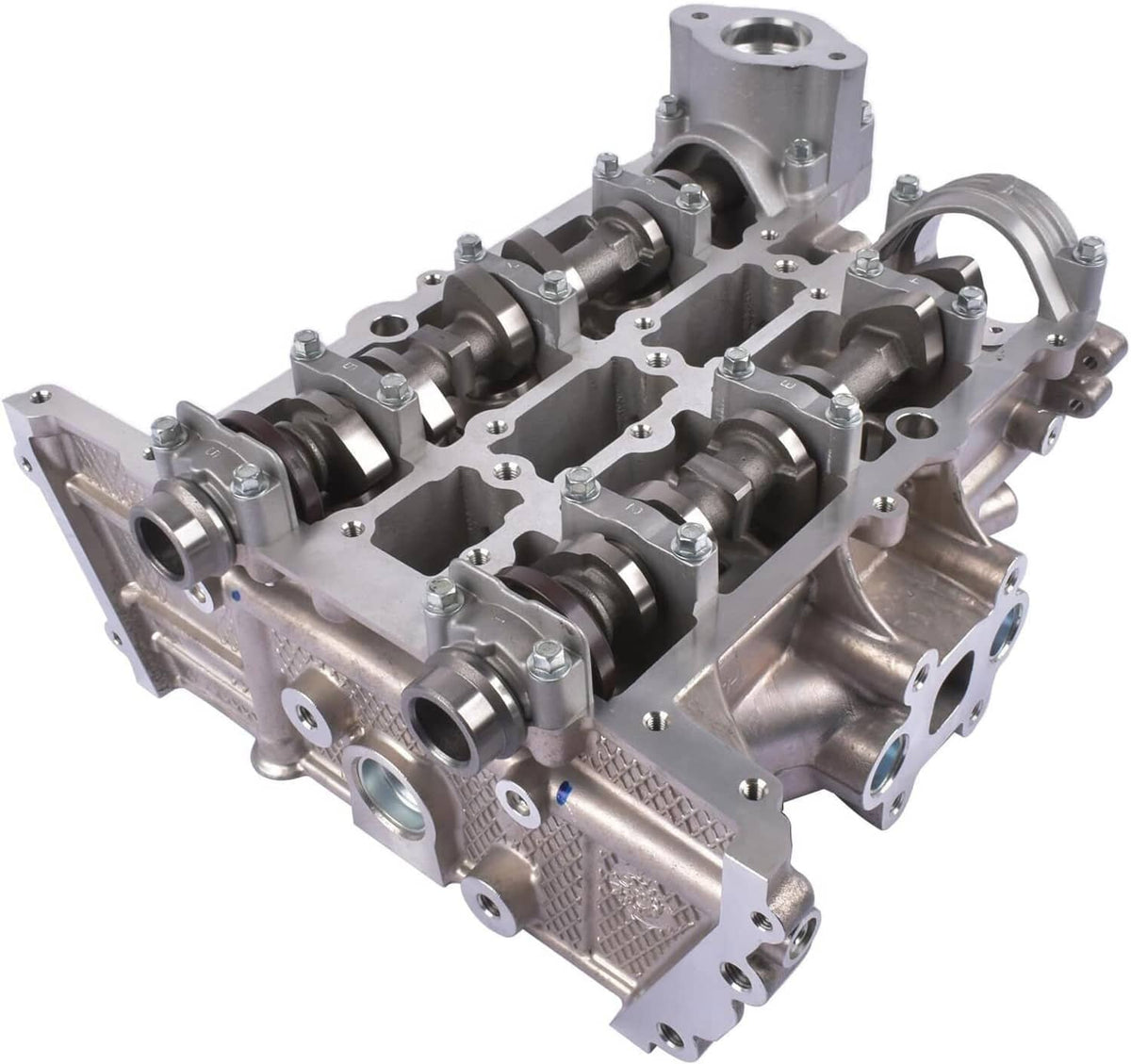 Engine cylinder head with camshafts and pushrods, exposed valves, silver