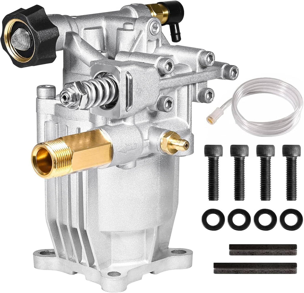 Horizontal pressure washer pump with gold ports, coiled chemical hose, and seal set