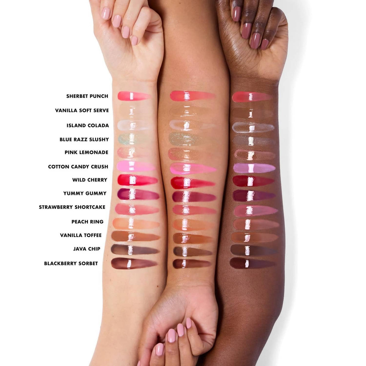 Glossy lip balm color swatches on skin, multiple pink and red shades