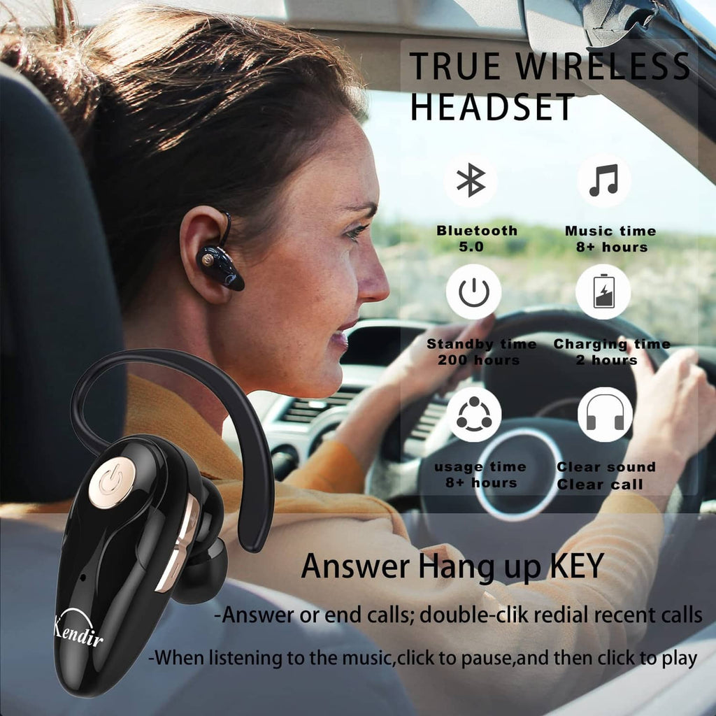 Black wireless headset worn in-ear with curved ear hook and mic tip