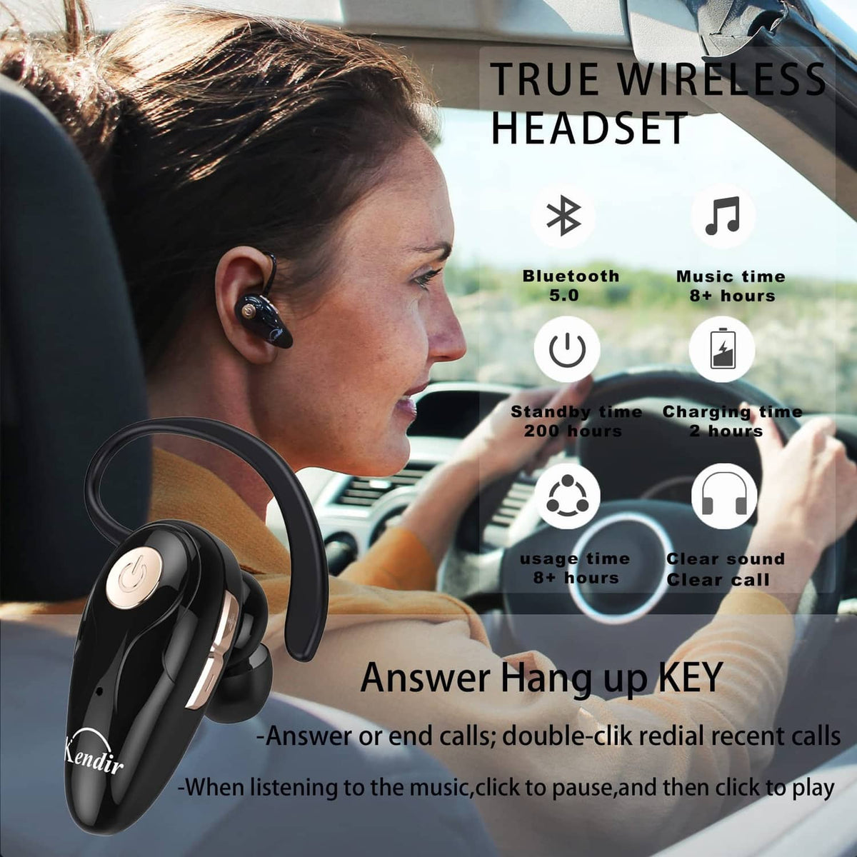 Black wireless headset worn in-ear with curved ear hook and mic tip