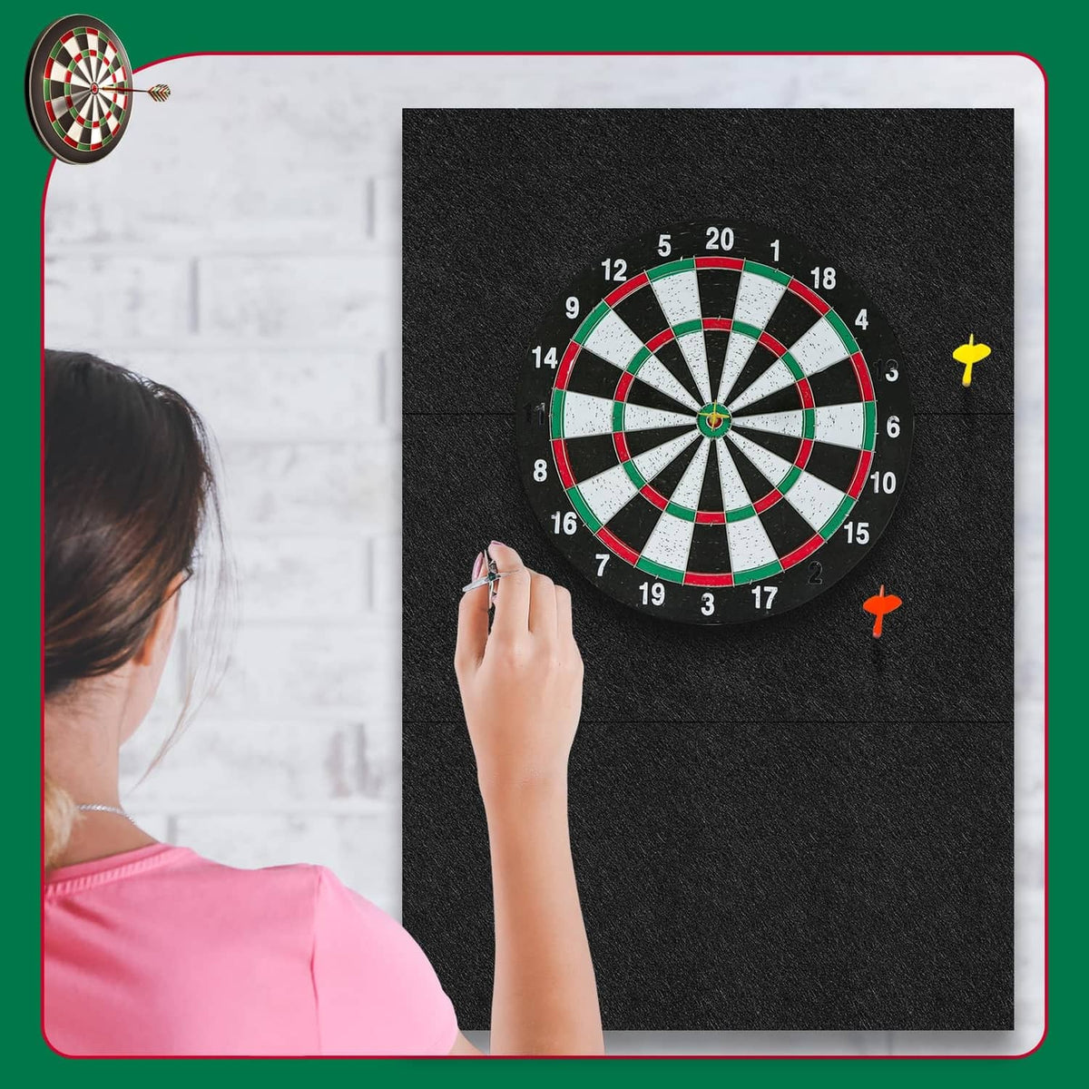 Black felt dartboard wall tiles with installed dartboard and colorful darts