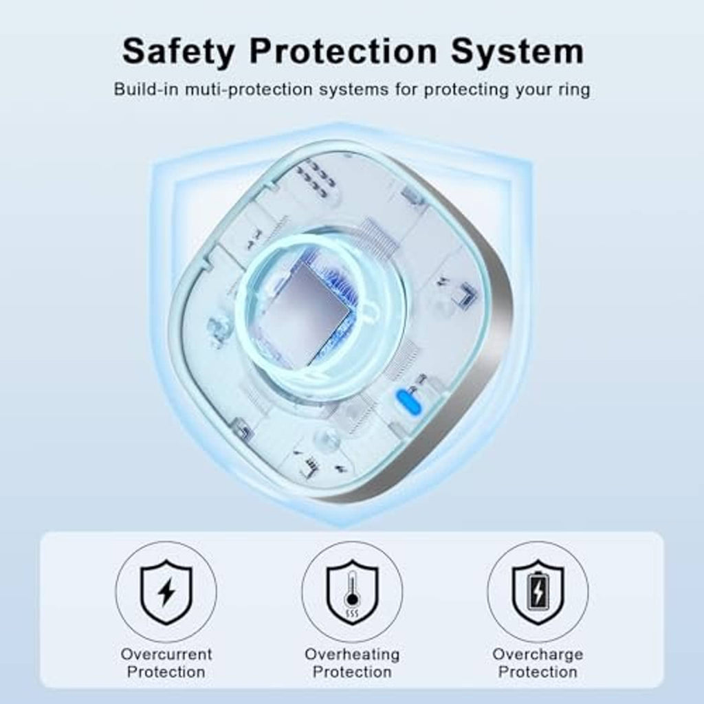 Gray charging dock with circular cradle and blue indicator light, with safety protection graphic