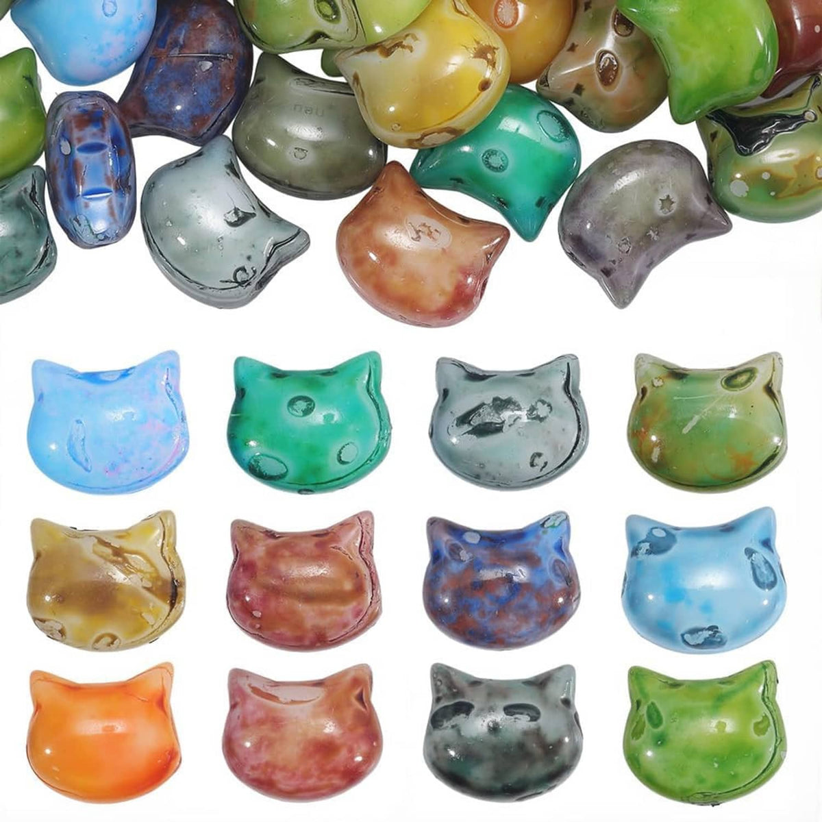 Multicolor cat-shaped glass beads with holes, assorted face designs for jewelry making