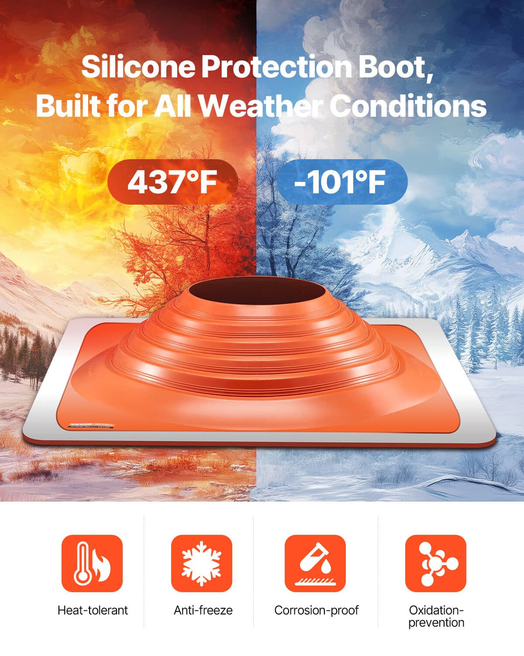 Orange flexible silicone pipe flashing boot with round opening and fluted collar