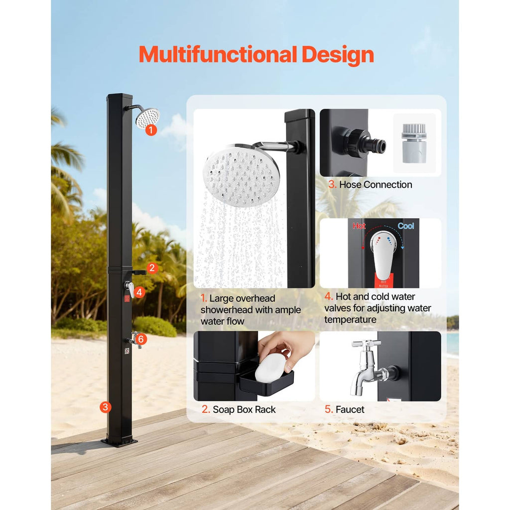 Outdoor solar shower with overhead round shower head and soap rack on black post