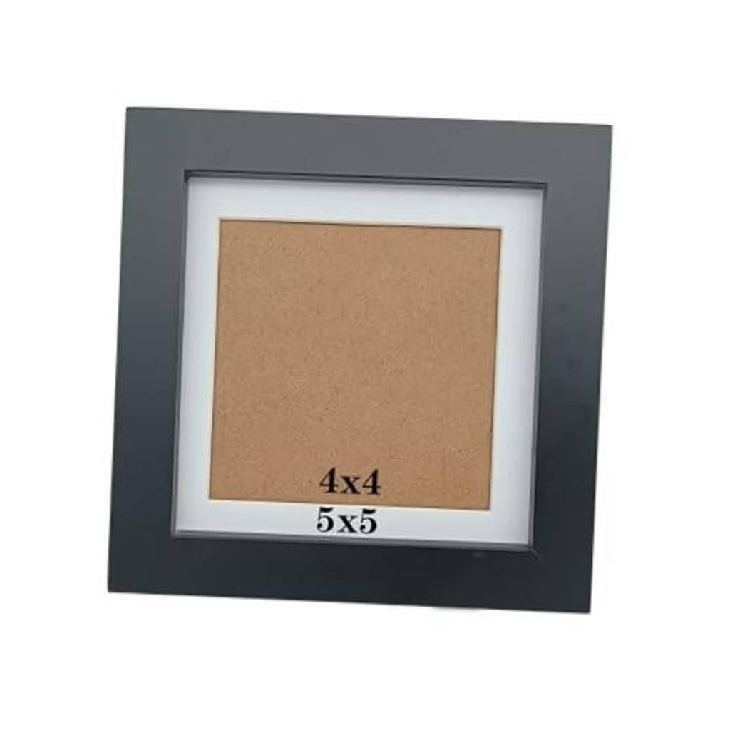 Black square wooden picture frame with white mat and 4x4 opening mat window